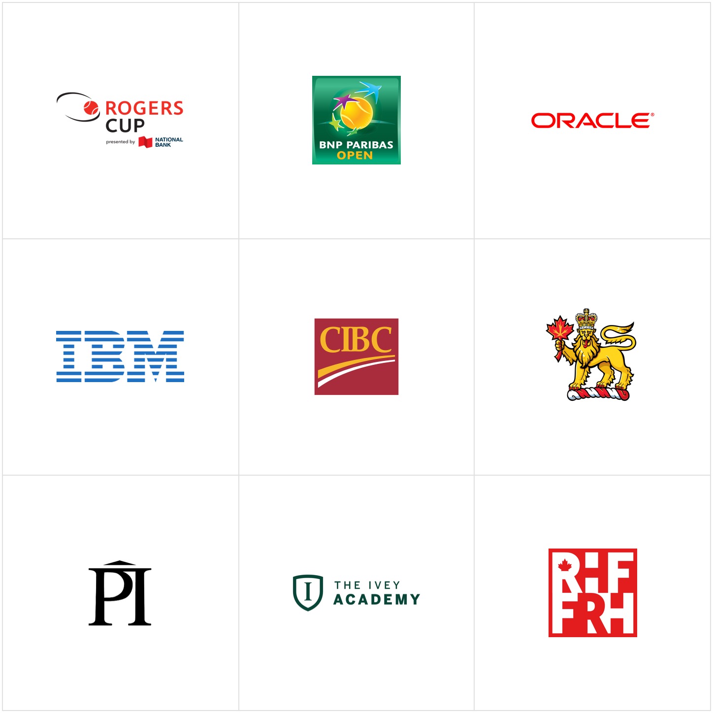 Client Logos for Rogers Cup, BNP Paribas Open, Oracle, IBM, CIBC, Rideau Hall Foundation, Perimeter Institute, The Ivey Academy